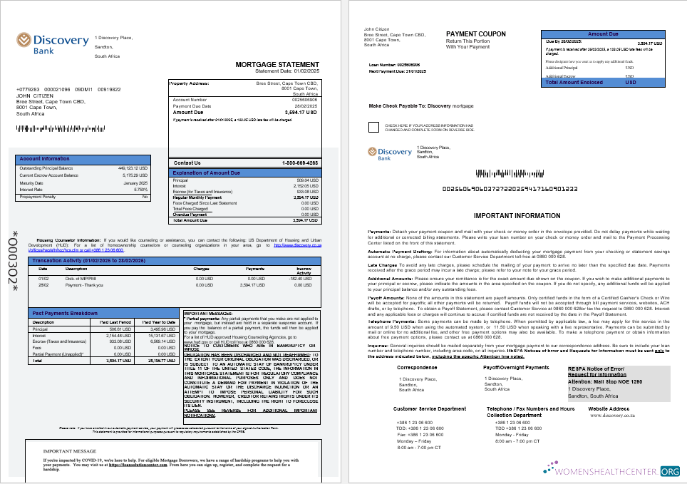 Download South Africa Discovery bank mortgage statement in Word and PDF formats 1 2 Photoshop template